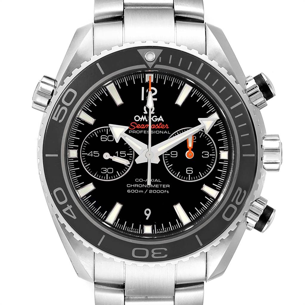 The image shows a frontal view of the Omega Planet Ocean 232.30.46.51.01.001 Men
s Stainless Steel Black Dial 232.30.46.51.01.001 Men
s Stainless Steel Black Dial Seamaster watch, highlighting its dial, bezel, and bracelet.