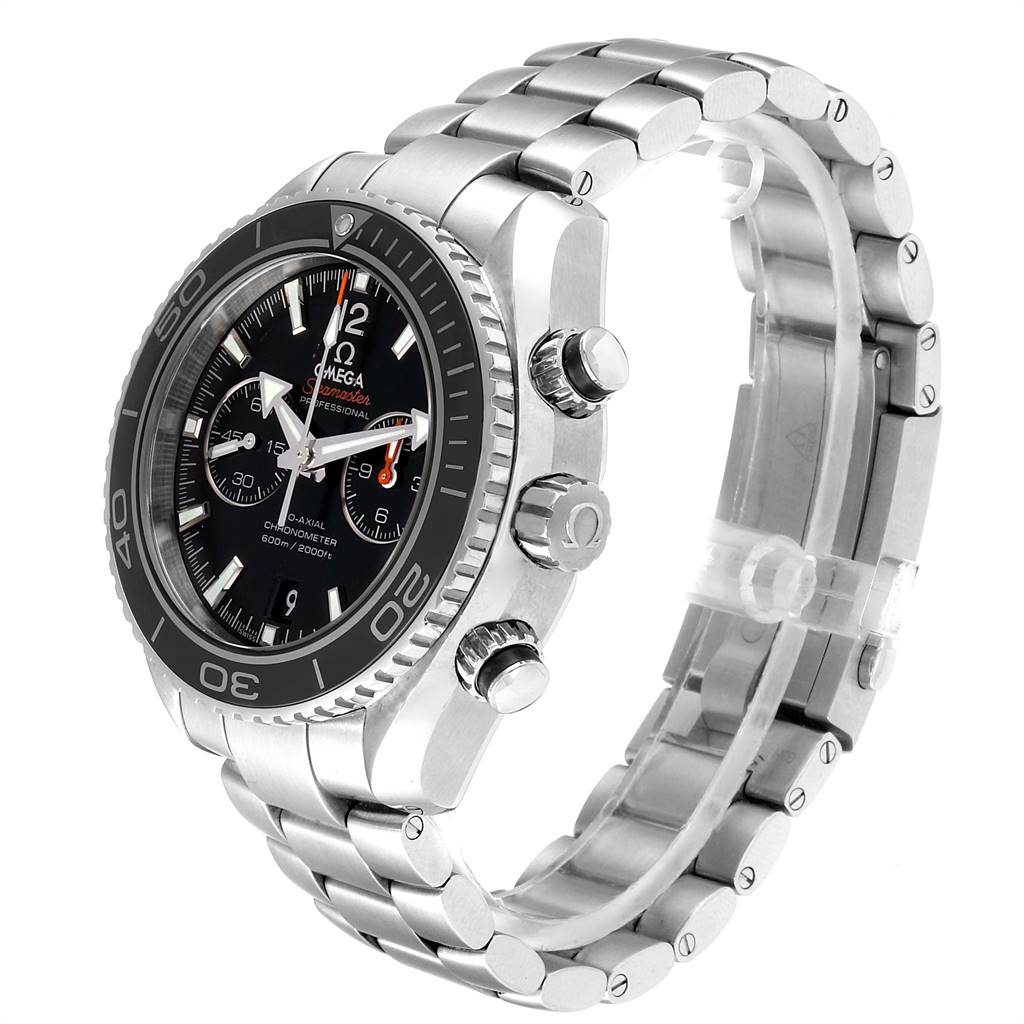 This image shows a side and front view of the Omega Planet Ocean 232.30.46.51.01.001 Men
s Stainless Steel Black Dial 232.30.46.51.01.001 Men
s Stainless Steel Black Dial watch, highlighting its bezel, dial, buttons, and metal bracelet.