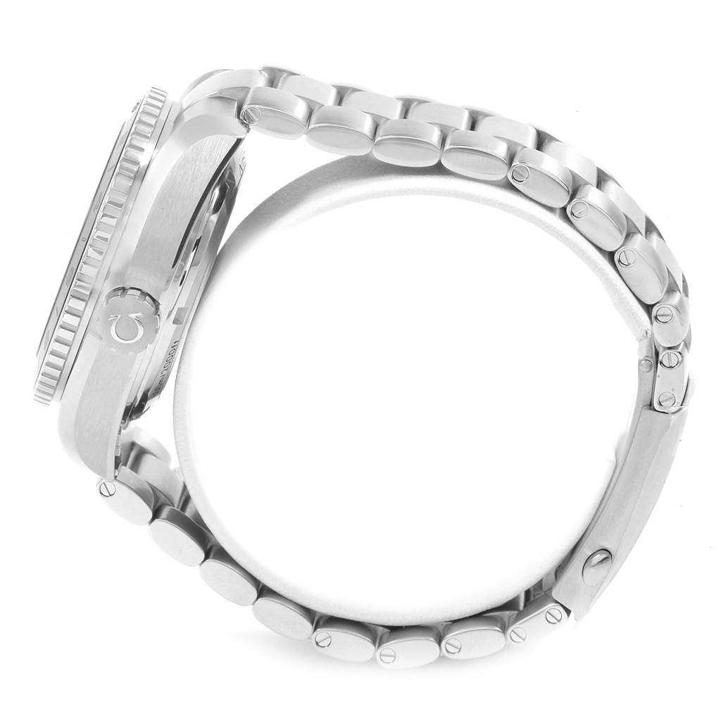 The image shows a side view of the Omega Planet Ocean 232.30.44.22.01.001 Men
s Stainless Steel Black Dial 232.30.44.22.01.001 Men
s Stainless Steel Black Dial watch, featuring its metallic bracelet and crown.