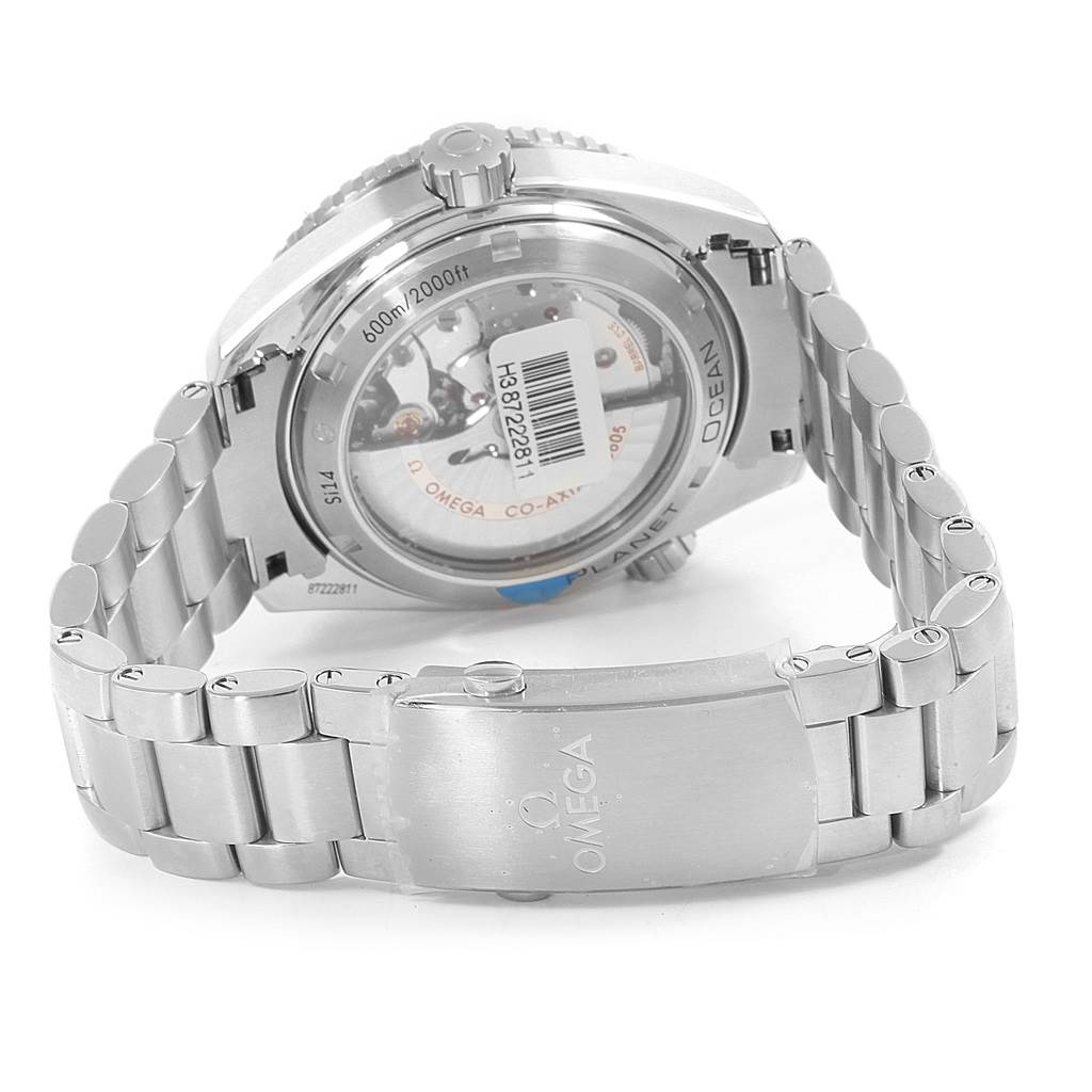 The image shows the back case and stainless steel bracelet of the Omega Planet Ocean 232.30.44.22.01.001 Men
s Stainless Steel Black Dial 232.30.44.22.01.001 Men
s Stainless Steel Black Dial watch.