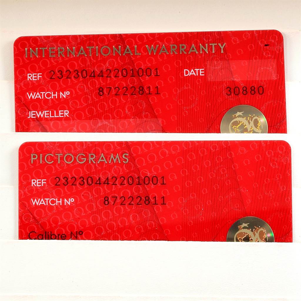 The image shows the international warranty and pictograms cards for the Omega Planet Ocean 232.30.44.22.01.001 Men
s Stainless Steel Black Dial 232.30.44.22.01.001 Men
s Stainless Steel Black Dial model watch.