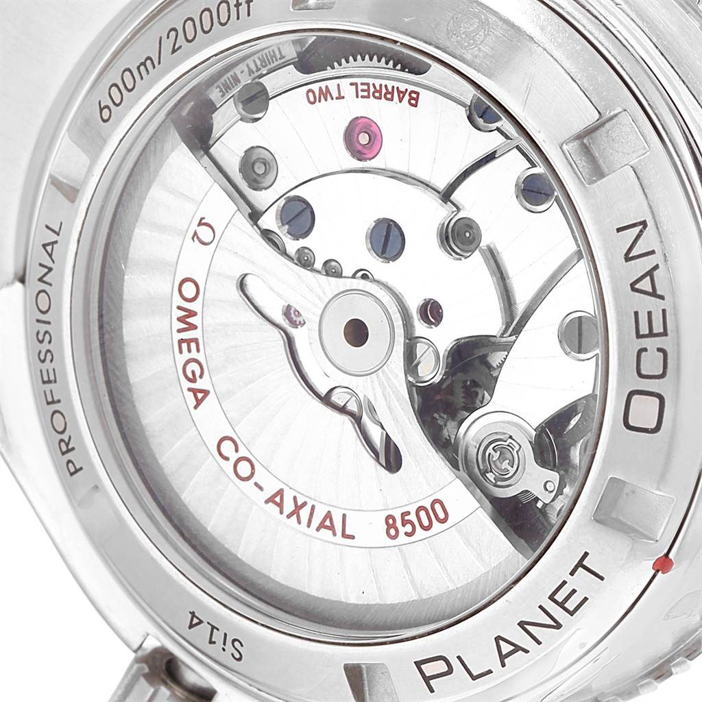 This image shows the back view of an Omega Planet Ocean 232.30.42.21.01.001 Men's Stainless Steel Black Dial 232.30.42.21.01.001 Men's Stainless Steel Black Dial watch, revealing its internal mechanics and 8500 movement.