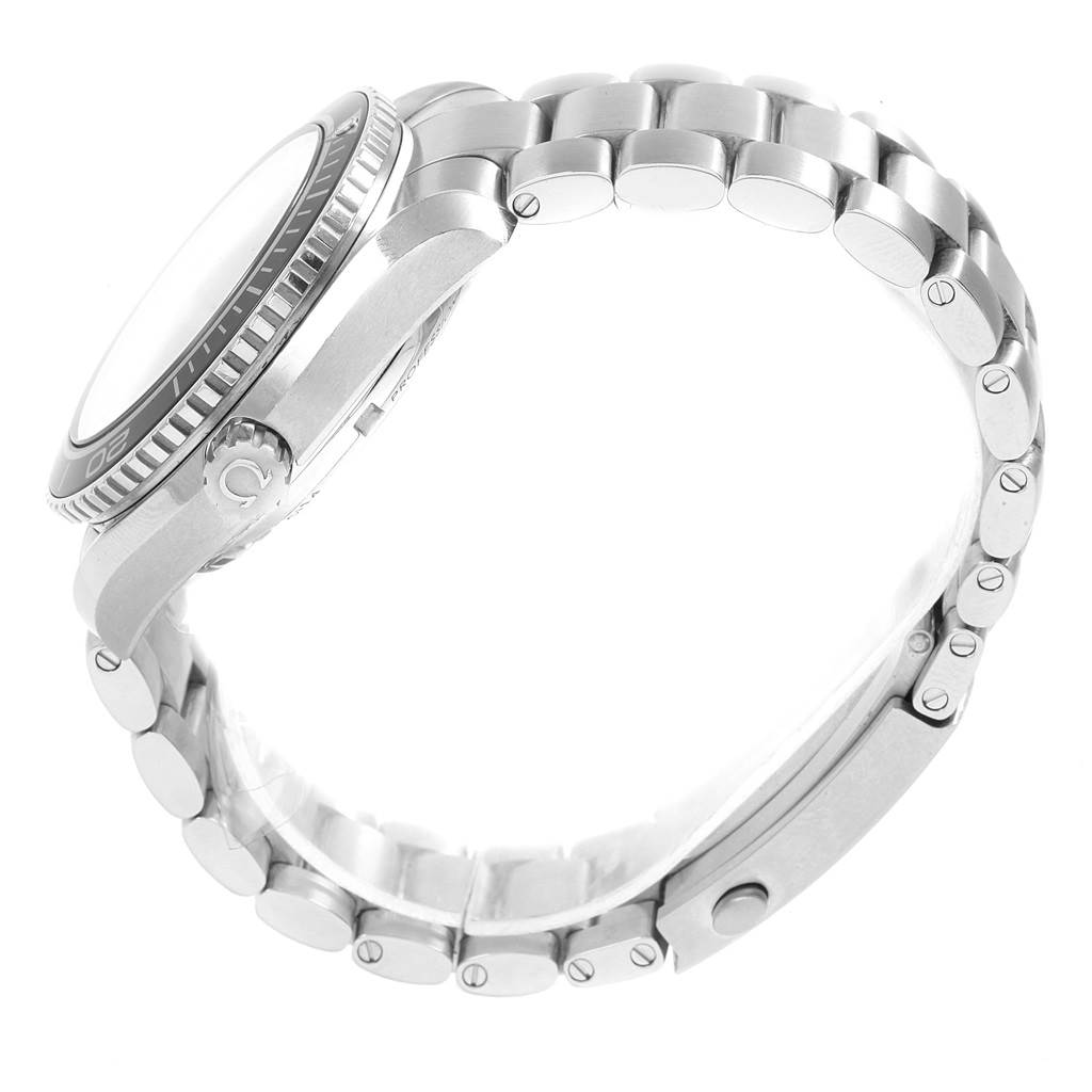 The image shows a side view of an Omega Planet Ocean 232.30.42.21.01.001 Men's Stainless Steel Black Dial 232.30.42.21.01.001 Men's Stainless Steel Black Dial watch focusing on the case, bezel, crown, and bracelet.