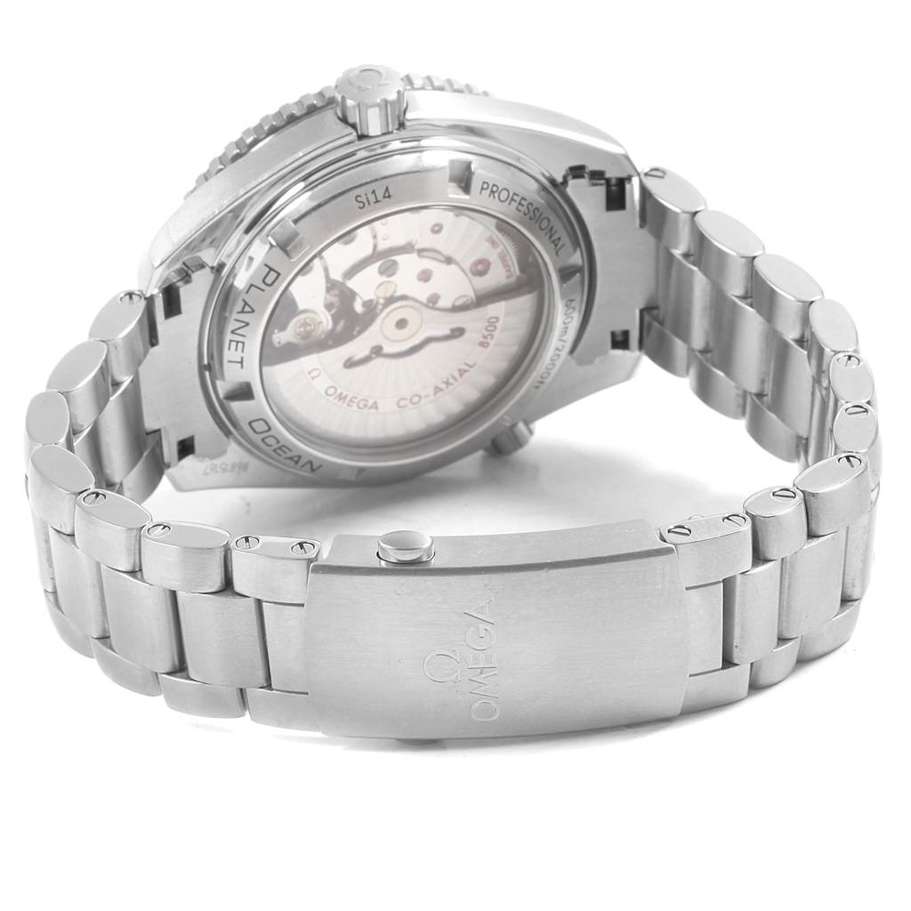 The image shows the back of the Omega Planet Ocean 232.30.42.21.01.001 Men's Stainless Steel Black Dial 232.30.42.21.01.001 Men's Stainless Steel Black Dial watch and its bracelet, featuring the transparent case back and clasp.