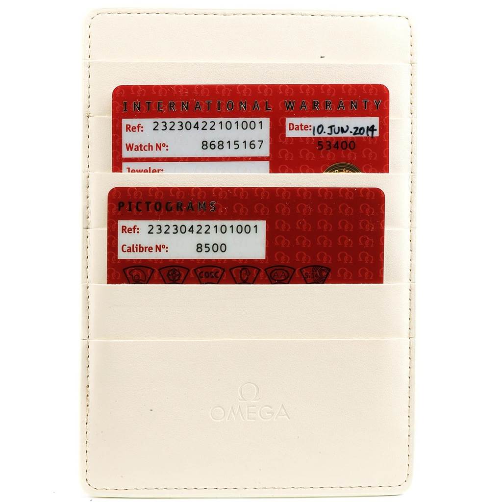 The image shows the international warranty and pictograms cards for the Omega Planet Ocean 232.30.42.21.01.001 Men's Stainless Steel Black Dial 232.30.42.21.01.001 Men's Stainless Steel Black Dial model, inside a white card holder.