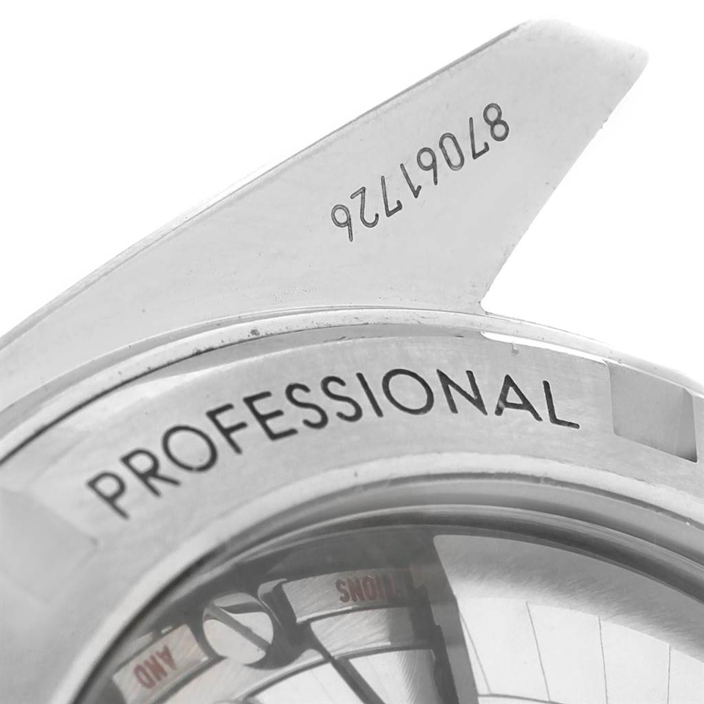 The image shows a close-up of the case back and a small portion of the lug of an Omega Planet Ocean 232.30.46.21.01.002 Men's Stainless Steel Black Dial 232.30.46.21.01.002 Men's Stainless Steel Black Dial watch, highlighting the "Professional" engraving and serial number.