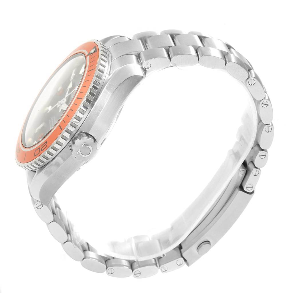 This side view of the Omega Planet Ocean 232.30.46.21.01.002 Men's Stainless Steel Black Dial 232.30.46.21.01.002 Men's Stainless Steel Black Dial watch shows the bracelet, crown, and part of the bezel.