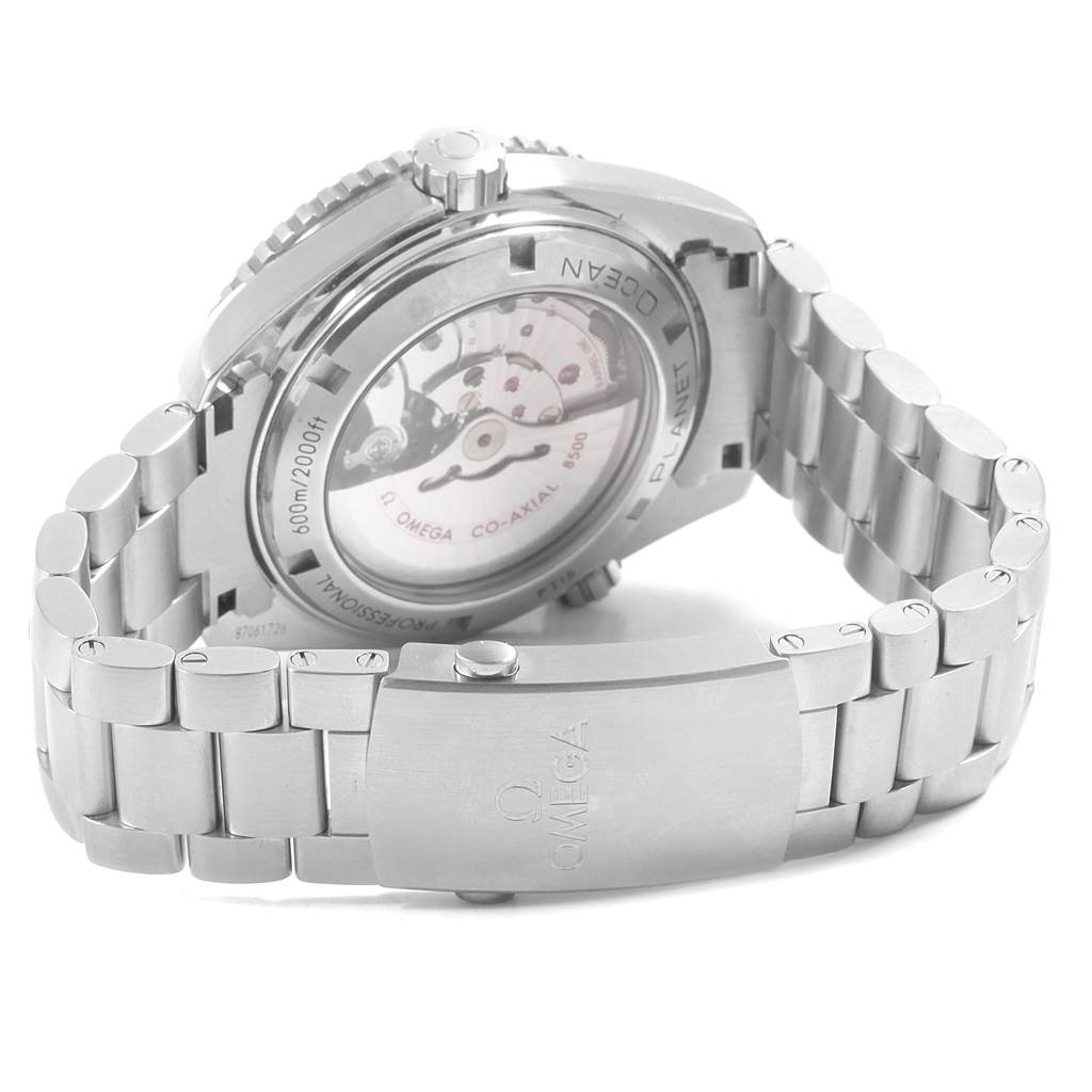 The image shows the back view of the Omega Planet Ocean 232.30.46.21.01.002 Men's Stainless Steel Black Dial 232.30.46.21.01.002 Men's Stainless Steel Black Dial watch, highlighting its case back and metal bracelet.