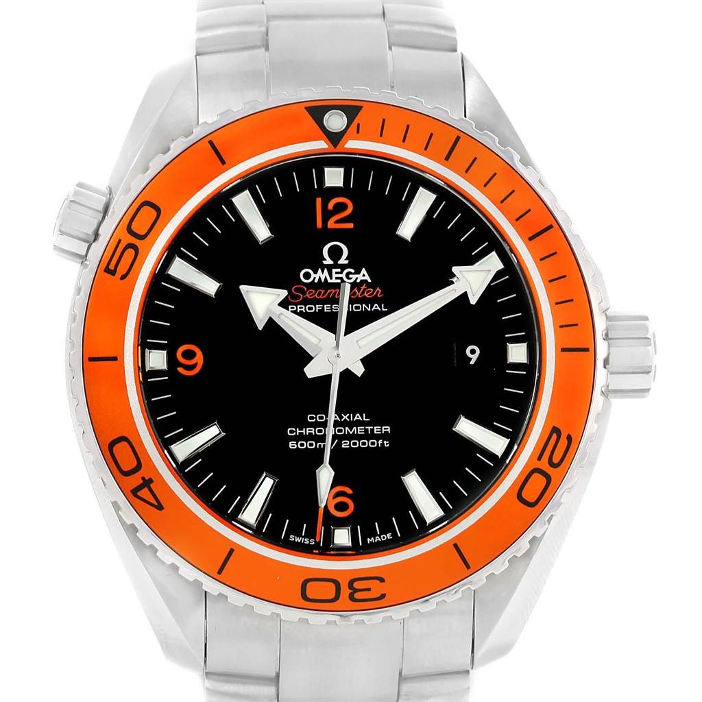 The image shows a front view of the Omega Planet Ocean 232.30.46.21.01.002 Men's Stainless Steel Black Dial 232.30.46.21.01.002 Men's Stainless Steel Black Dial model, highlighting the dial, bezel, and bracelet.