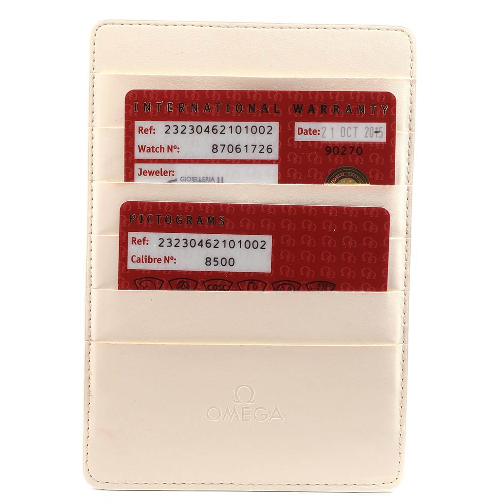 The image shows the warranty and pictogram cards for an Omega Planet Ocean 232.30.46.21.01.002 Men's Stainless Steel Black Dial 232.30.46.21.01.002 Men's Stainless Steel Black Dial watch inside a cardholder.