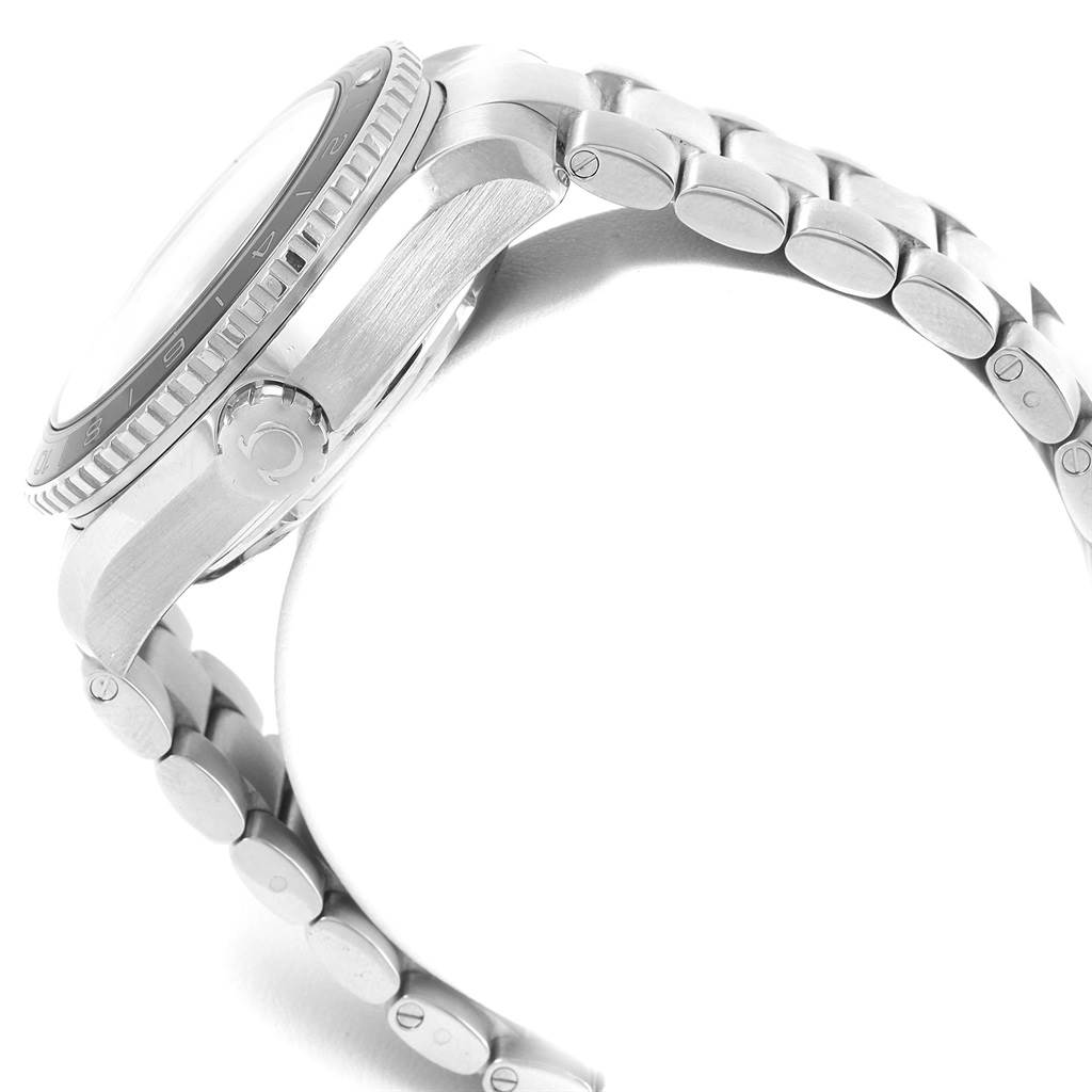 The image shows a side view of the Omega Planet Ocean 232.30.44.22.01.001 Men
s Stainless Steel Black Dial 232.30.44.22.01.001 Men
s Stainless Steel Black Dial watch, highlighting the bezel, crown, and metal bracelet.