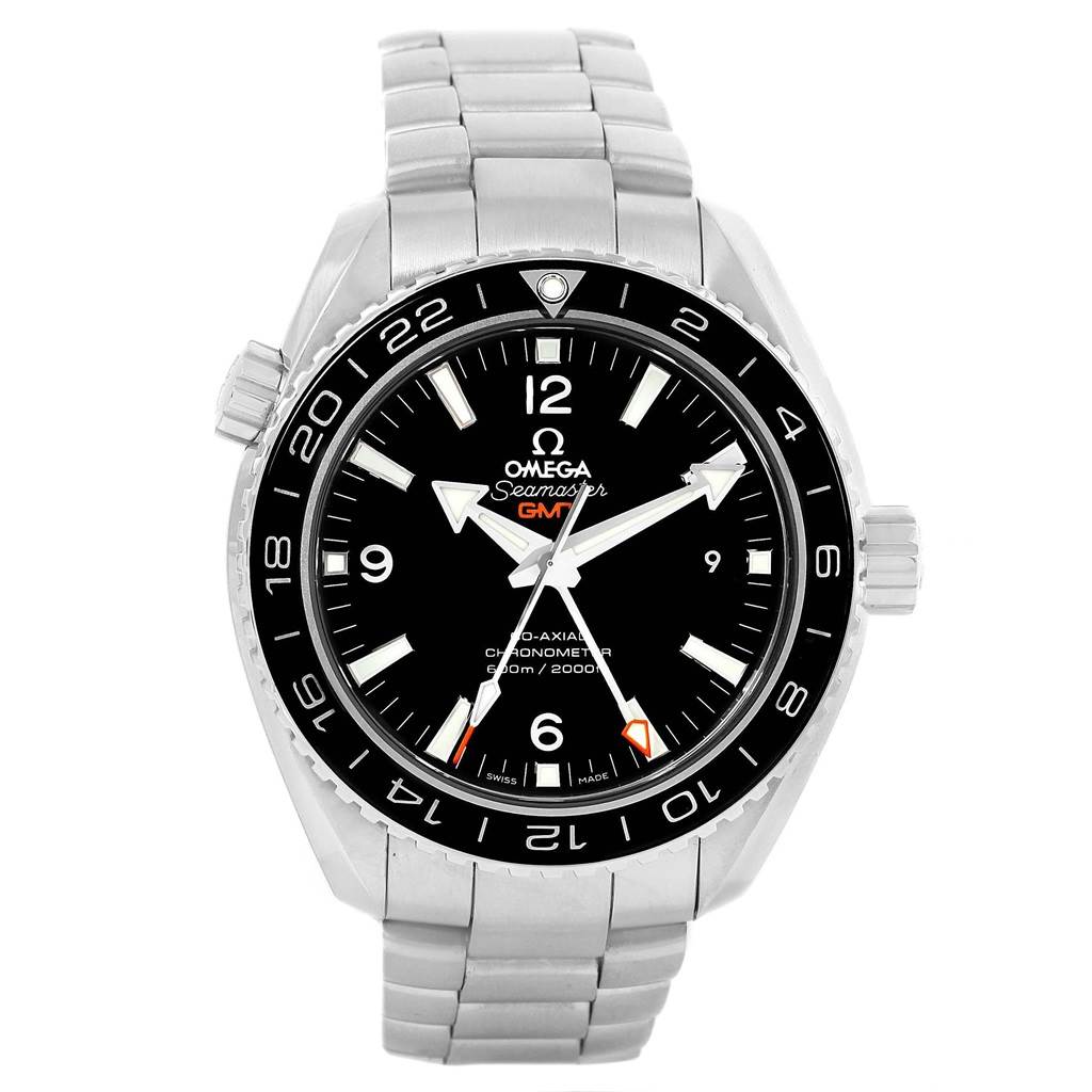 The image shows a front view of the Omega Planet Ocean 232.30.44.22.01.001 Men
s Stainless Steel Black Dial 232.30.44.22.01.001 Men
s Stainless Steel Black Dial model watch displaying its face and metal bracelet.