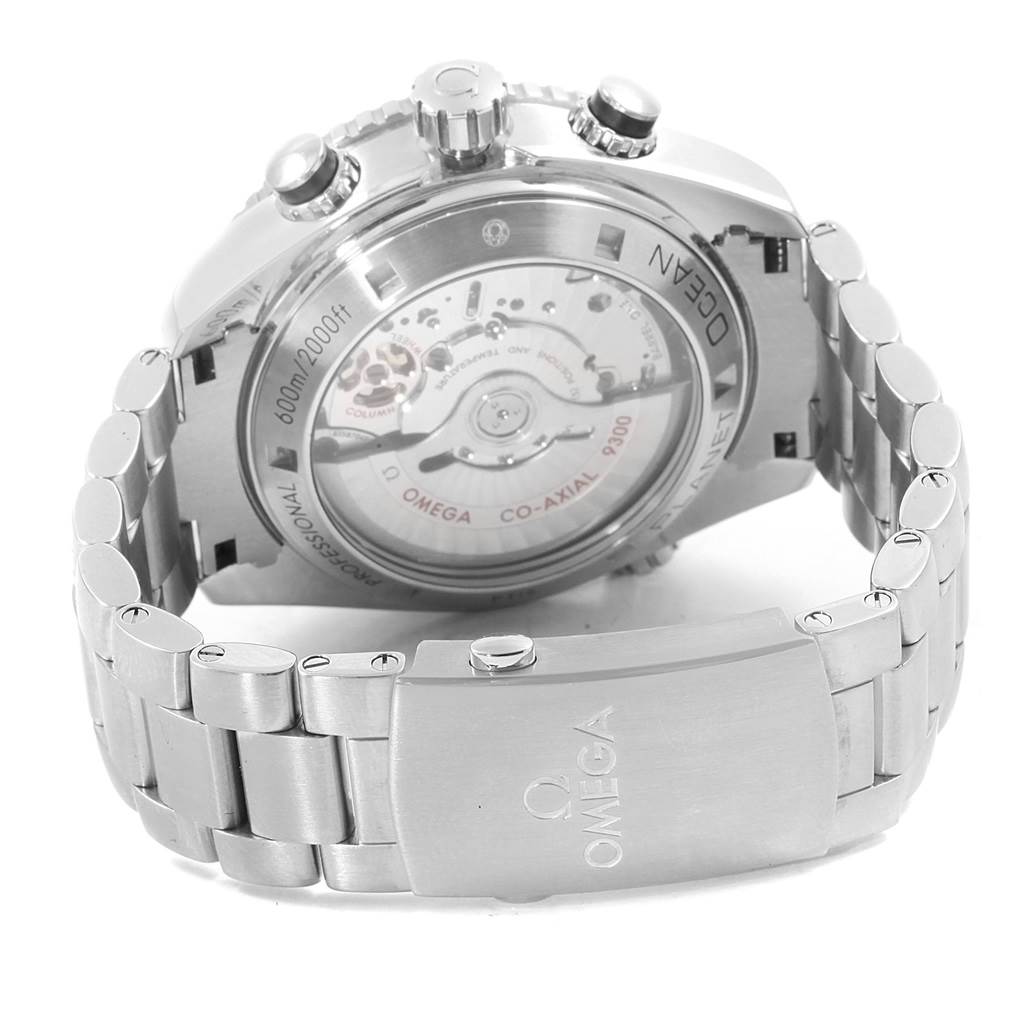 The image shows the back view of an Omega Planet Ocean 232.30.46.51.01.003 Men's Stainless Steel Black Dial 232.30.46.51.01.003 Men's Stainless Steel Black Dial watch, highlighting its transparent case back and stainless steel bracelet.