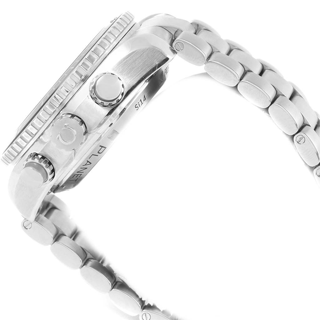 The image shows a side view of the Omega Planet Ocean 232.30.46.51.01.003 Men's Stainless Steel Black Dial 232.30.46.51.01.003 Men's Stainless Steel Black Dial model watch, focusing on the bezel, crown, pushers, and bracelet.