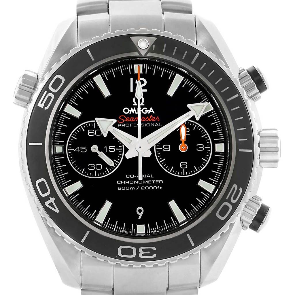 The image shows a head-on view of the Omega Planet Ocean 232.30.46.51.01.003 Men's Stainless Steel Black Dial 232.30.46.51.01.003 Men's Stainless Steel Black Dial watch, highlighting its face, bezel, and crown details.