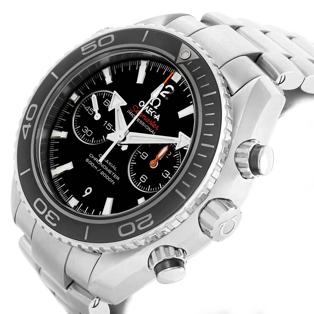 The image shows an angled view of the Omega Planet Ocean 232.30.46.51.01.003 Men's Stainless Steel Black Dial 232.30.46.51.01.003 Men's Stainless Steel Black Dial watch, highlighting its face, bezel, crown, and part of the bracelet.