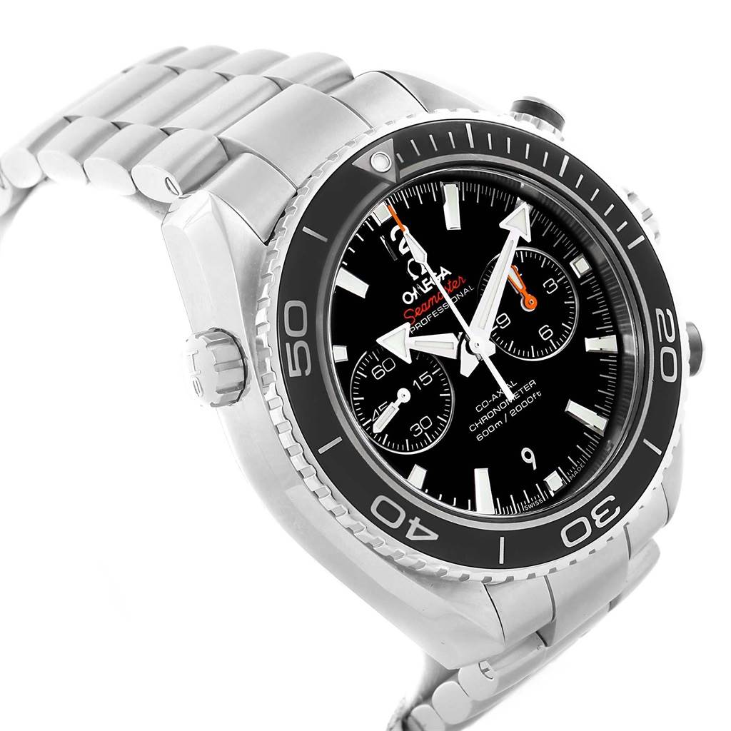 The Omega Planet Ocean 232.30.46.51.01.003 Men's Stainless Steel Black Dial 232.30.46.51.01.003 Men's Stainless Steel Black Dial watch is shown at a 45-degree angle, displaying the dial, bezel, bracelet, and pushers.