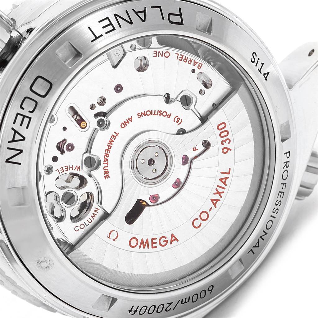 The image shows the exhibition case back of the Omega Planet Ocean 232.30.46.51.01.003 Men
s Stainless Steel Black Dial 232.30.46.51.01.003 Men
s Stainless Steel Black Dial watch, revealing its Co-Axial 9300 movement.