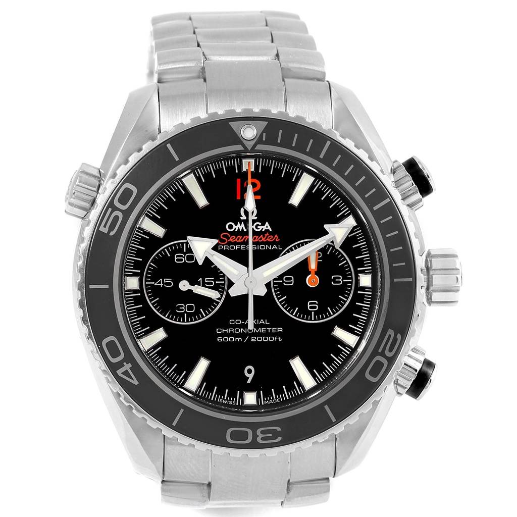 This is an Omega Planet Ocean 232.30.46.51.01.003 Men
s Stainless Steel Black Dial 232.30.46.51.01.003 Men
s Stainless Steel Black Dial watch shown from the front, displaying the dial, crown, subdials, and bracelet.