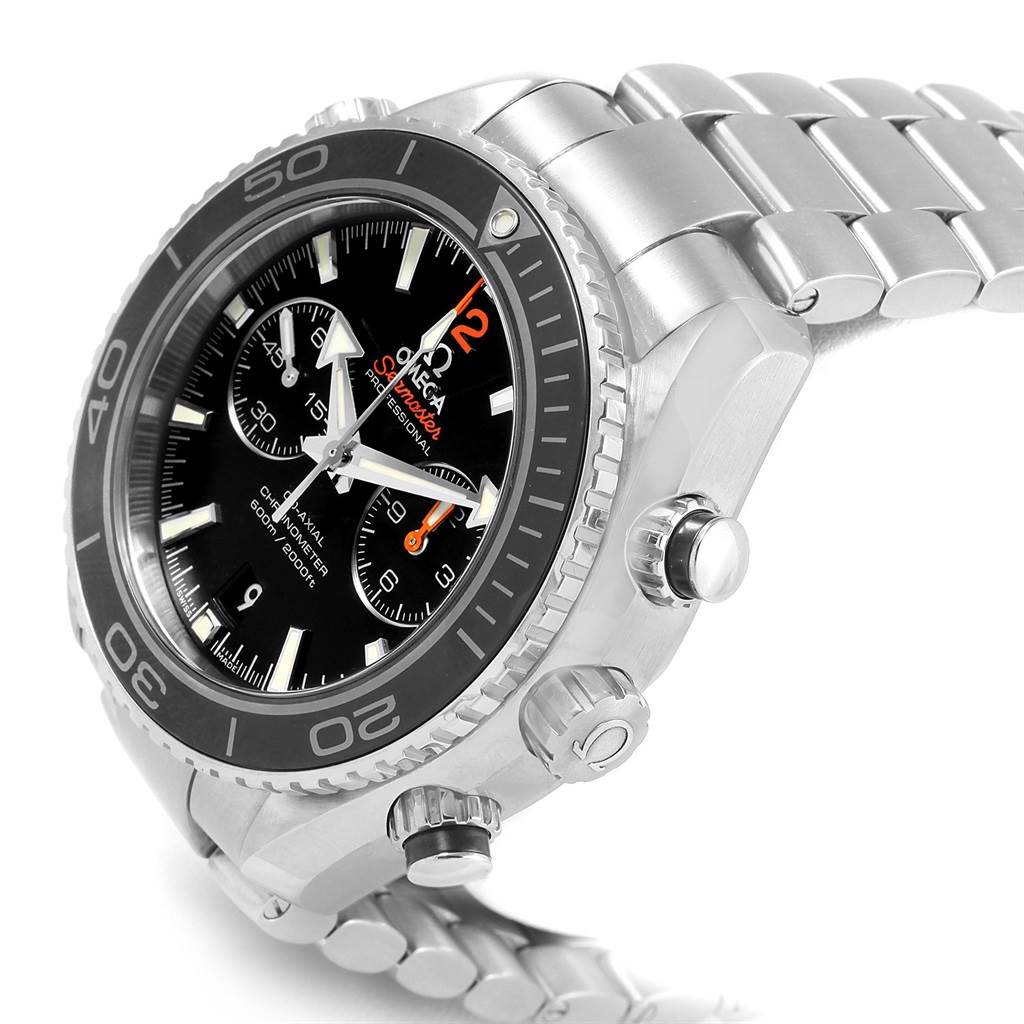 The image shows an angled close-up of the Omega Planet Ocean 232.30.46.51.01.003 Men
s Stainless Steel Black Dial 232.30.46.51.01.003 Men
s Stainless Steel Black Dial watch
s face, bezel, and side crowns.