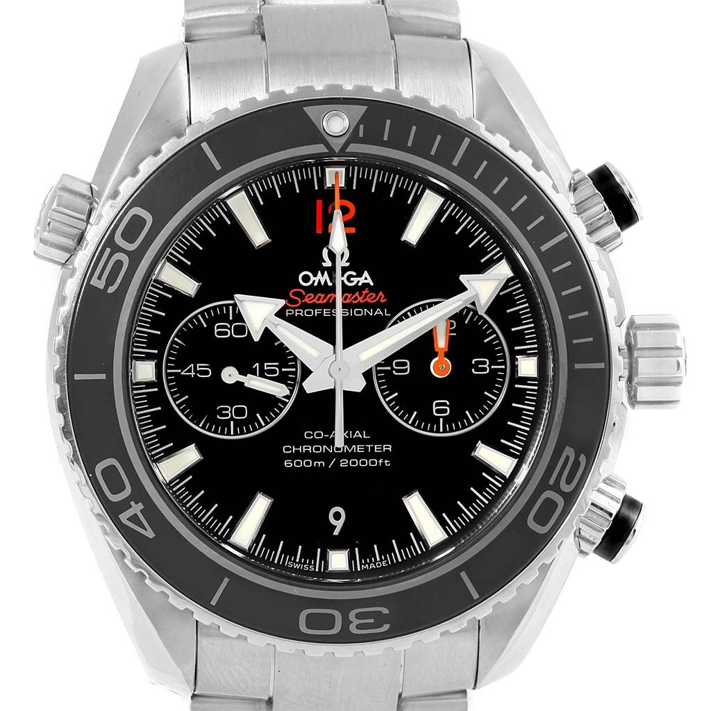This image shows a front view of the Omega Seamaster Planet Ocean watch, highlighting the dial, bezel, and stainless steel bracelet.