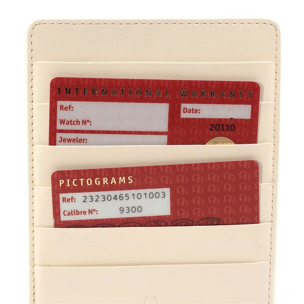 This image shows the warranty cards for the Omega Planet Ocean 232.30.46.51.01.003 Men
s Stainless Steel Black Dial 232.30.46.51.01.003 Men
s Stainless Steel Black Dial watch in a holder.