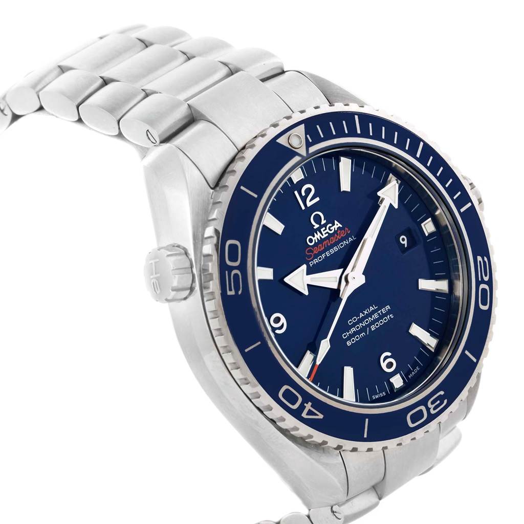This Omega Planet Ocean 232.90.46.21.03.001 Men's Titanium Blue Dial 232.90.46.21.03.001 Men's Titanium Blue Dial watch is shown at a three-quarter angle, highlighting the face, bezel, crown, and part of the bracelet.