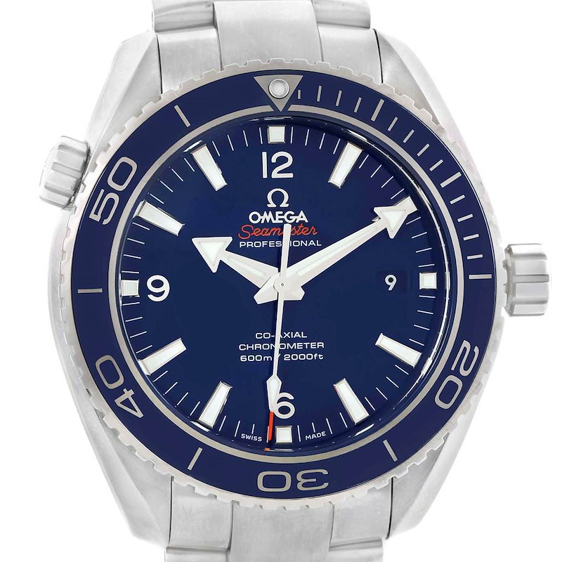 The image shows a front view of the Omega Planet Ocean model watch, highlighting its dial, bezel, hands, and crown.