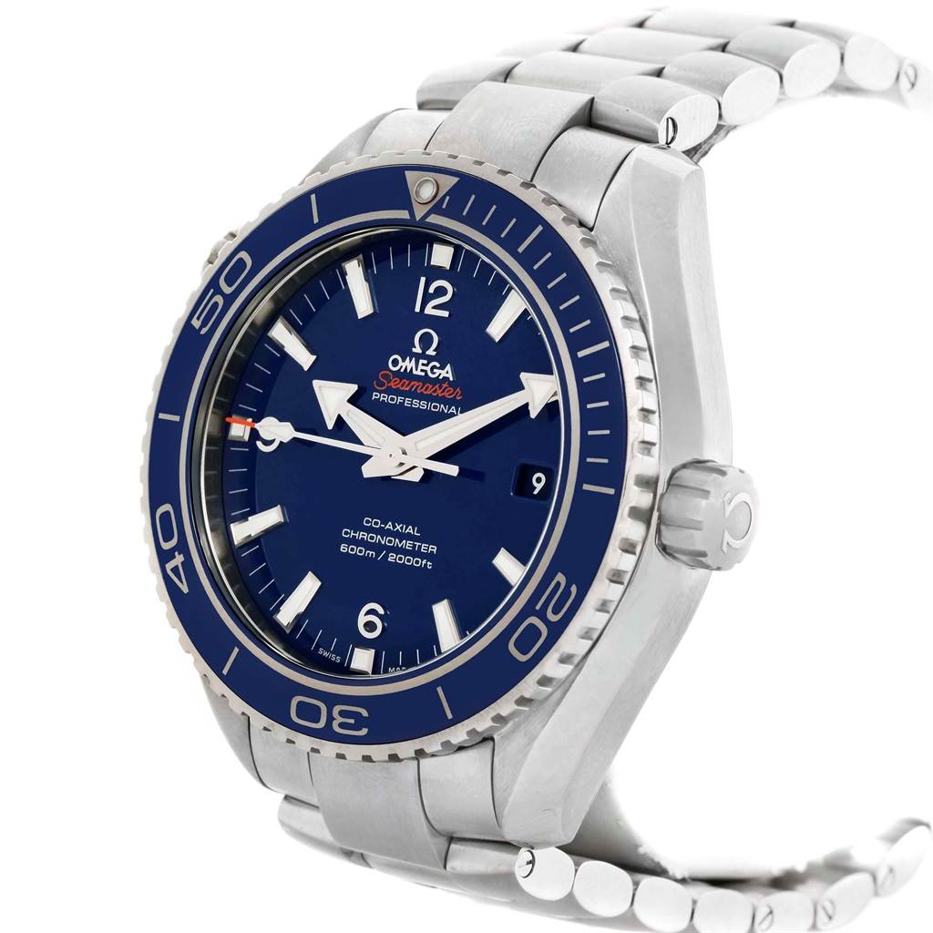 The Omega Planet Ocean 232.90.46.21.03.001 Men's Titanium Blue Dial 232.90.46.21.03.001 Men's Titanium Blue Dial watch is displayed at a slight side angle, showcasing the dial, bezel, crown, and part of the stainless steel bracelet.
