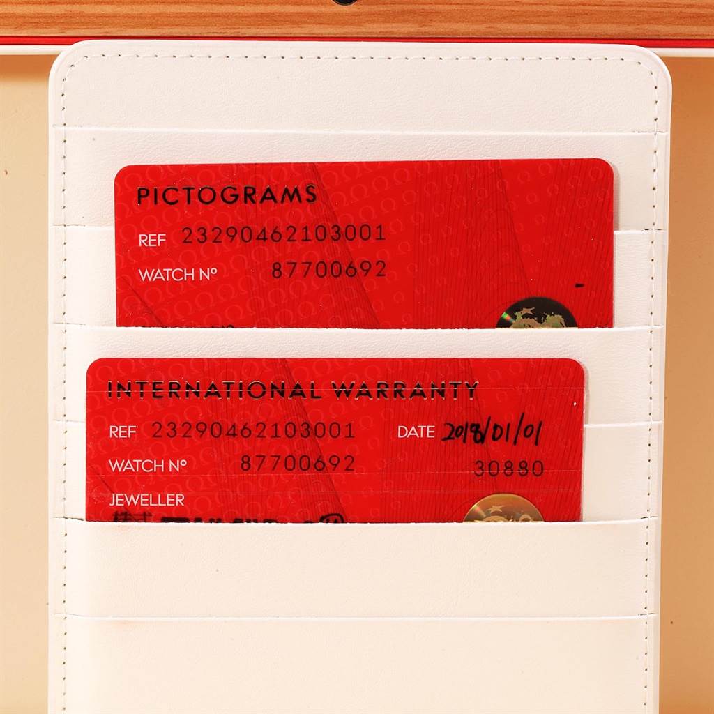 The image shows an Omega Planet Ocean 232.90.46.21.03.001 Men's Titanium Blue Dial 232.90.46.21.03.001 Men's Titanium Blue Dial's pictogram and international warranty cards in a white cardholder.