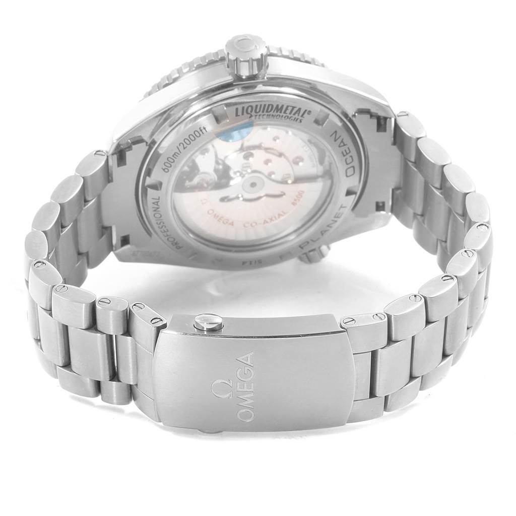 The image shows the back case and stainless steel bracelet of the Omega Planet Ocean 232.90.46.21.03.001 Men's Titanium Blue Dial 232.90.46.21.03.001 Men's Titanium Blue Dial watch at an angle.