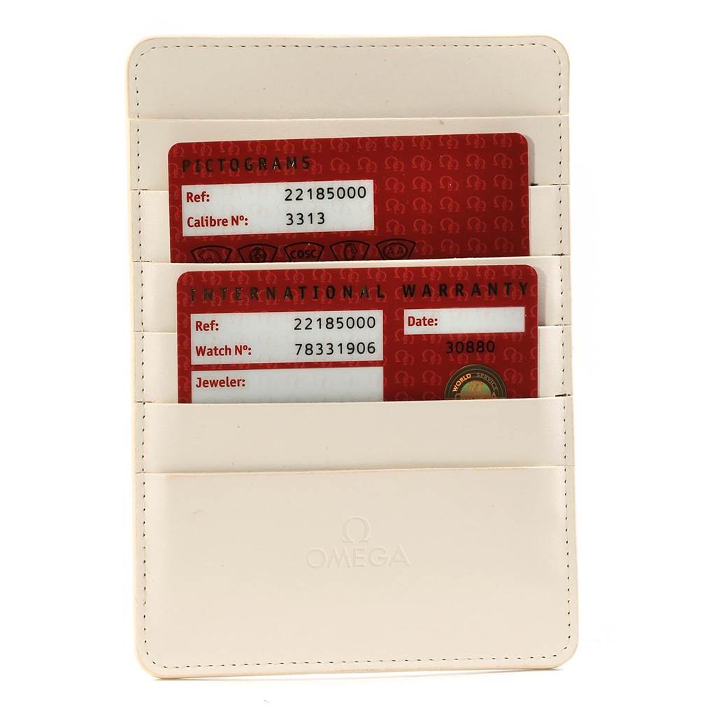 The image shows an Omega warranty and pictograms card for the Planet Ocean model, placed in a white cardholder.