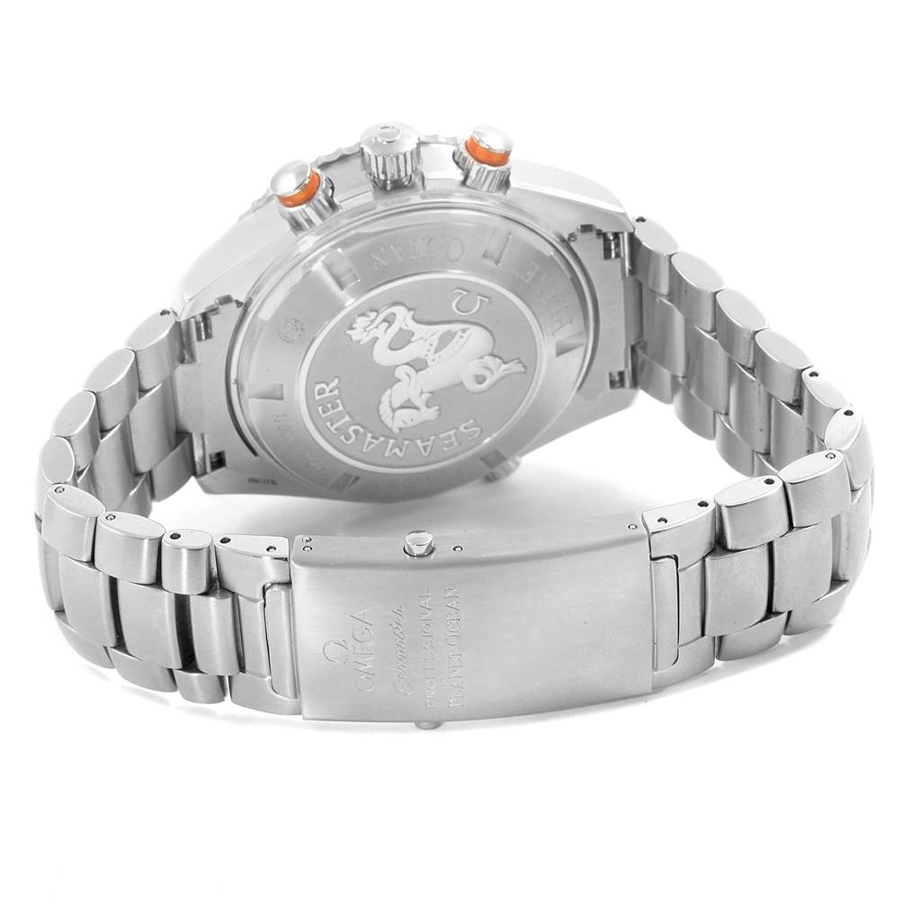 The image shows the back case, clasp, and metal band of the Omega Planet Ocean 2218.50.00 Men's Stainless Steel Black Dial 2218.50.00 Men's Stainless Steel Black Dial watch.