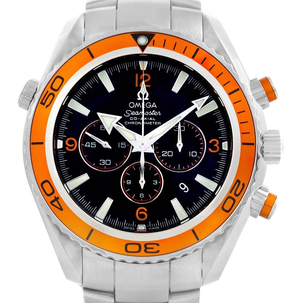 The image shows a front view of the Omega Planet Ocean 2218.50.00 Men's Stainless Steel Black Dial 2218.50.00 Men's Stainless Steel Black Dial Seamaster watch with a black dial and an orange bezel.