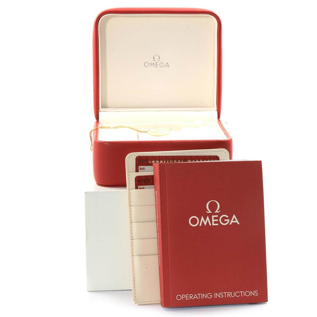 The image shows an Omega Planet Ocean 2218.50.00 Men's Stainless Steel Black Dial 2218.50.00 Men's Stainless Steel Black Dial watch box, operating instructions, and warranty cards.