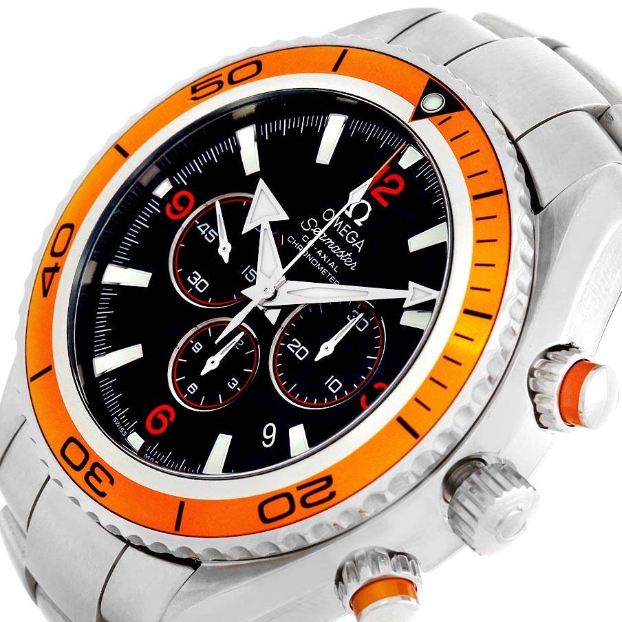 The Omega Planet Ocean 2218.50.00 Men's Stainless Steel Black Dial 2218.50.00 Men's Stainless Steel Black Dial watch is shown at an angled close-up, highlighting the face, bezel, crown, and side buttons.