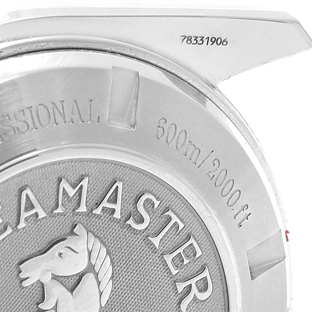 The image shows the case back of the Omega Planet Ocean 2218.50.00 Men's Stainless Steel Black Dial 2218.50.00 Men's Stainless Steel Black Dial Seamaster model, displaying water resistance and serial number.