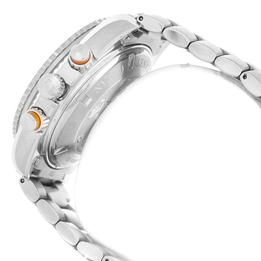 The image shows a side view of an Omega Planet Ocean 2218.50.00 Men's Stainless Steel Black Dial 2218.50.00 Men's Stainless Steel Black Dial watch, highlighting the crown, pushers, and bracelet links.