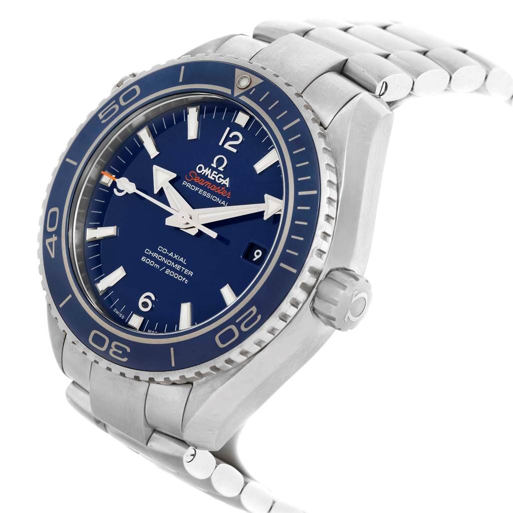 The image shows a side and front angled view of the Omega Planet Ocean 232.90.46.21.03.001 Men's Titanium Blue Dial 232.90.46.21.03.001 Men's Titanium Blue Dial Seamaster watch, highlighting its dial, bezel, crown, and bracelet.