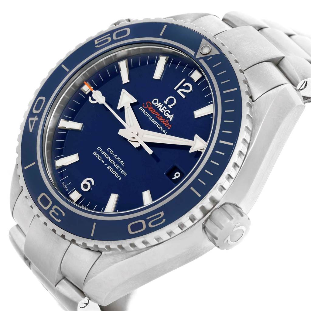 The image shows the Omega Planet Ocean 232.90.46.21.03.001 Men's Titanium Blue Dial 232.90.46.21.03.001 Men's Titanium Blue Dial watch from an angled view, highlighting the bezel, dial, crown, and bracelet.