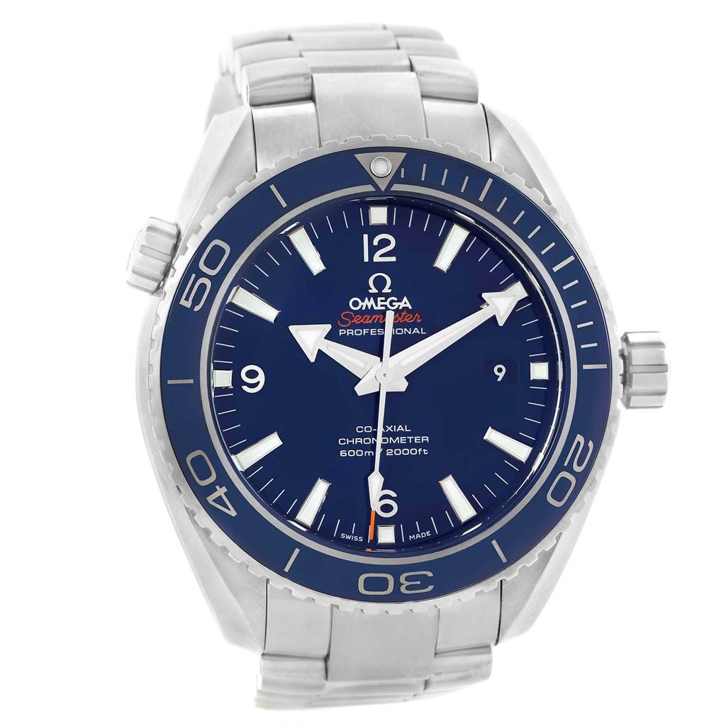 This Omega Planet Ocean 232.90.46.21.03.001 Men's Titanium Blue Dial 232.90.46.21.03.001 Men's Titanium Blue Dial watch is shown from a front angle, highlighting its blue dial, bezel, hands, and bracelet.