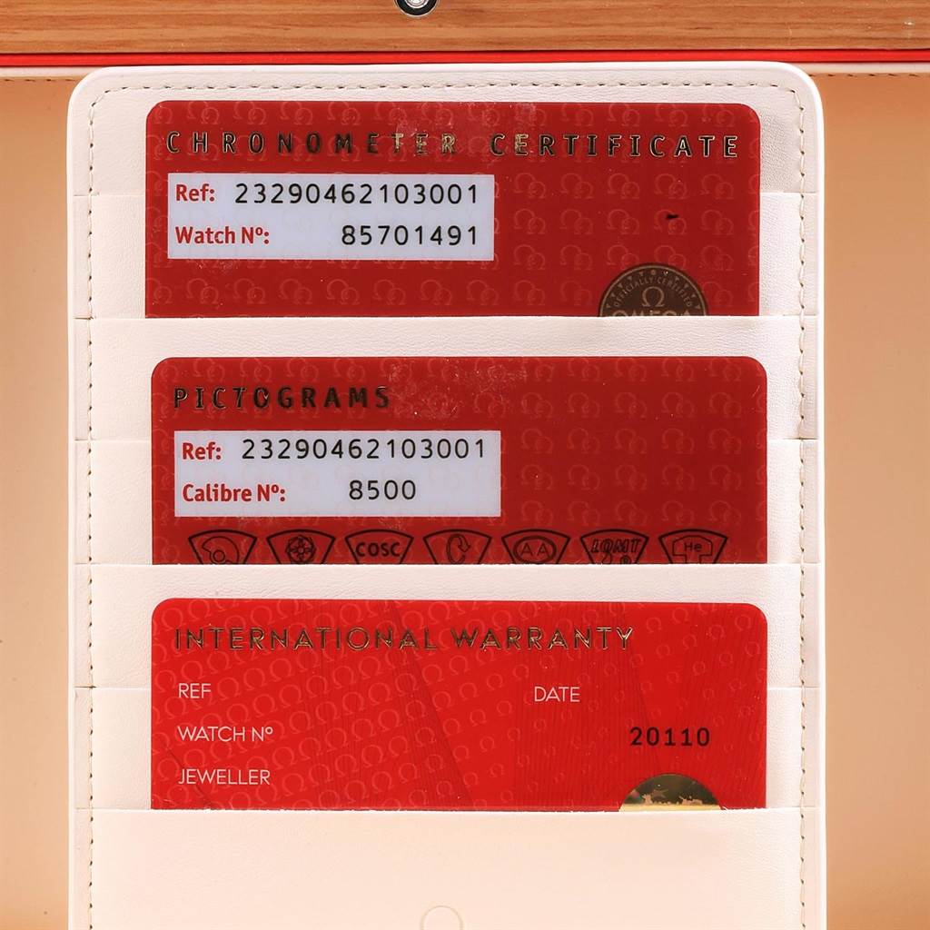 The image shows three certification cards (Chronometer Certificate, Pictograms, International Warranty) for the Omega Planet Ocean 232.90.46.21.03.001 Men's Titanium Blue Dial 232.90.46.21.03.001 Men's Titanium Blue Dial watch model.