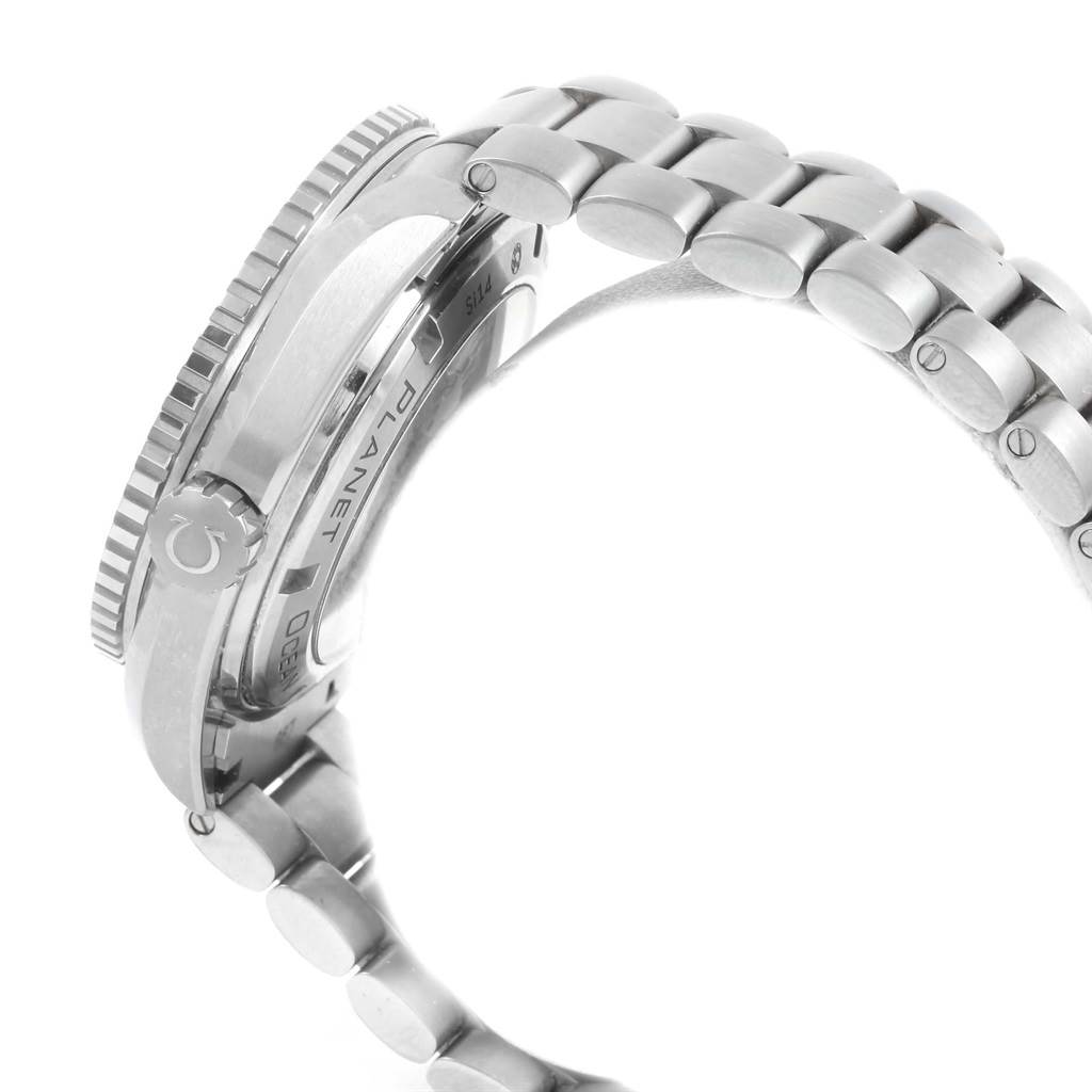 This side view of the Omega Planet Ocean 232.90.46.21.03.001 Men's Titanium Blue Dial 232.90.46.21.03.001 Men's Titanium Blue Dial model shows the bezel, case, and metal bracelet.