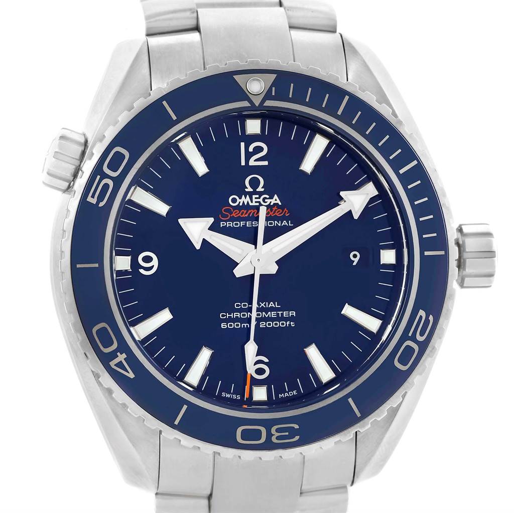 This image shows a front view of the Omega Planet Ocean 232.90.46.21.03.001 Men's Titanium Blue Dial 232.90.46.21.03.001 Men's Titanium Blue Dial Seamaster Professional watch, highlighting its bezel, dial, and bracelet.
