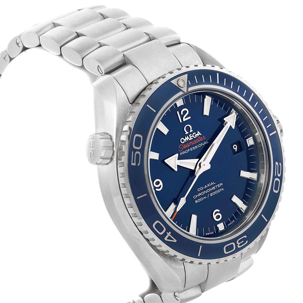 The image shows an angled view of the Omega Planet Ocean 232.90.46.21.03.001 Men's Titanium Blue Dial 232.90.46.21.03.001 Men's Titanium Blue Dial watch, highlighting its blue dial, bezel, and stainless steel bracelet.