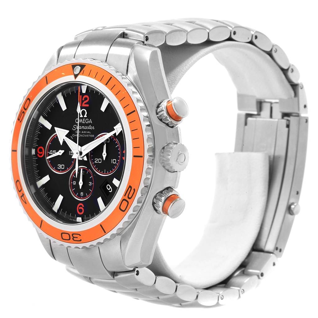 The image shows an angled side view of the Omega Planet Ocean 2218.50.00 Men
s Stainless Steel Black Dial 2218.50.00 Men
s Stainless Steel Black Dial model, highlighting the bezel, crown, pushers, and bracelet.