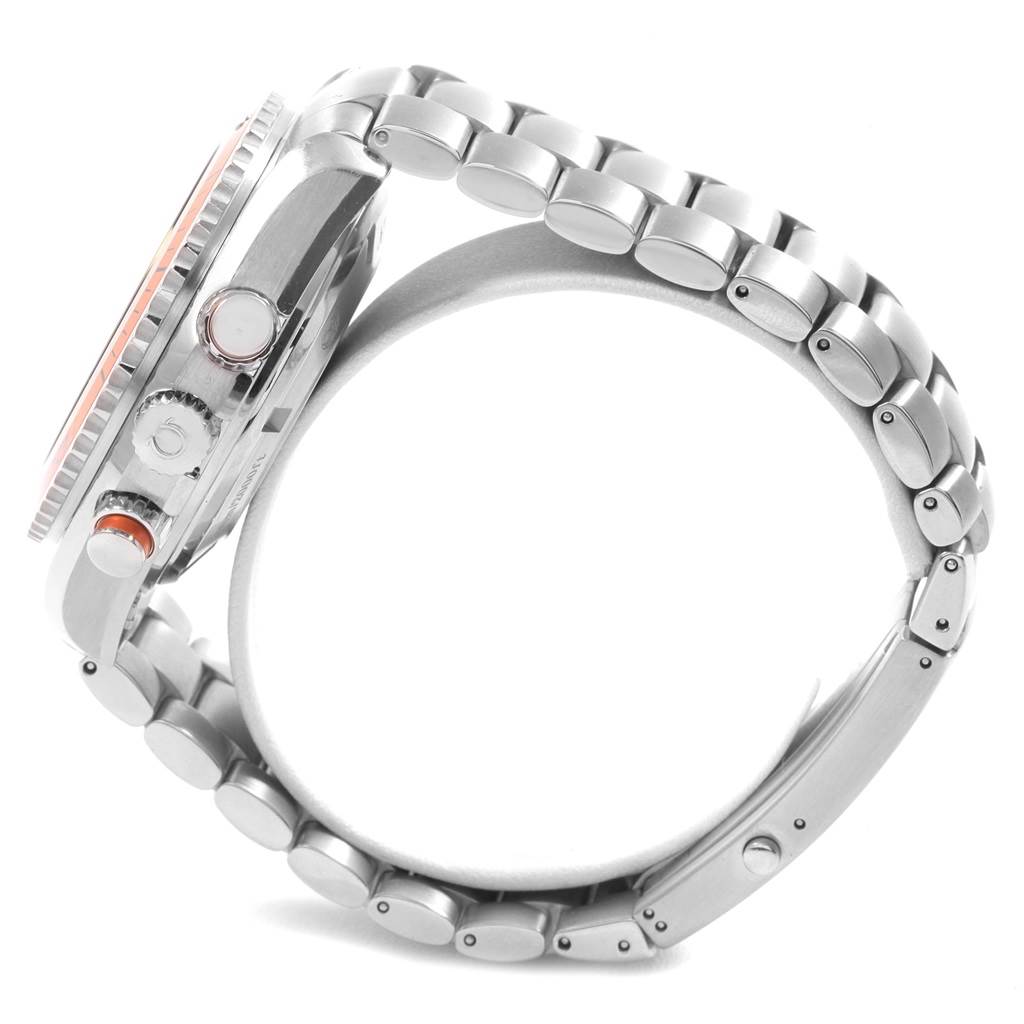 The Omega Planet Ocean 2218.50.00 Men
s Stainless Steel Black Dial 2218.50.00 Men
s Stainless Steel Black Dial watch is shown from a side view, highlighting its case, bezel, crown, and part of the bracelet.