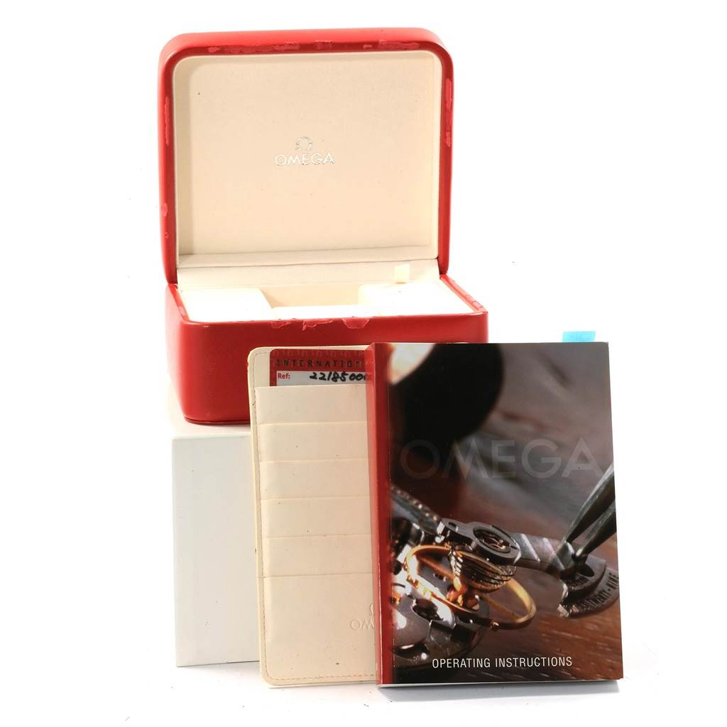 The image shows an Omega Planet Ocean 2218.50.00 Men
s Stainless Steel Black Dial 2218.50.00 Men
s Stainless Steel Black Dial watch case, an operating manual, and an Best Quality
ity card holder.