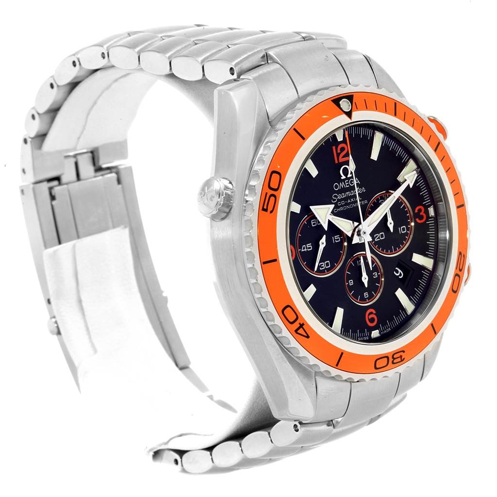 The Omega Planet Ocean 2218.50.00 Men
s Stainless Steel Black Dial 2218.50.00 Men
s Stainless Steel Black Dial watch is shown at a three-quarter angle displaying the bezel, dial, crown, and stainless steel bracelet.