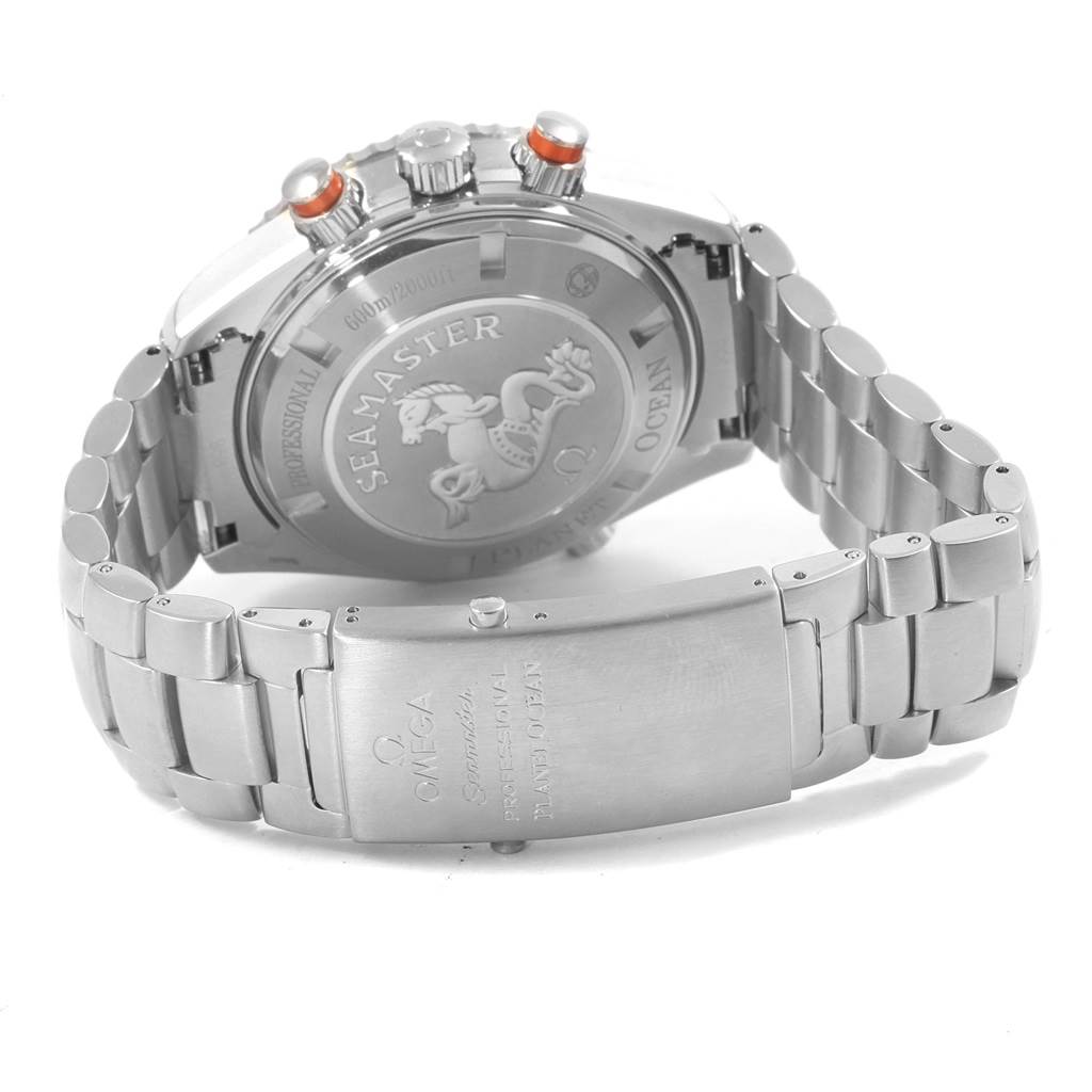 The image shows the rear view of an Omega Planet Ocean 2218.50.00 Men
s Stainless Steel Black Dial 2218.50.00 Men
s Stainless Steel Black Dial watch, focusing on the bracelet, case back, and clasp.